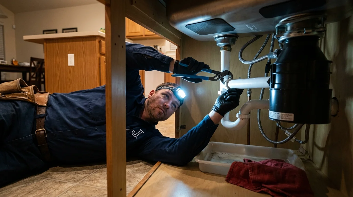 P-trap and supply line connections under a kitchen sink showing a common leak point in Spring Valley, CA